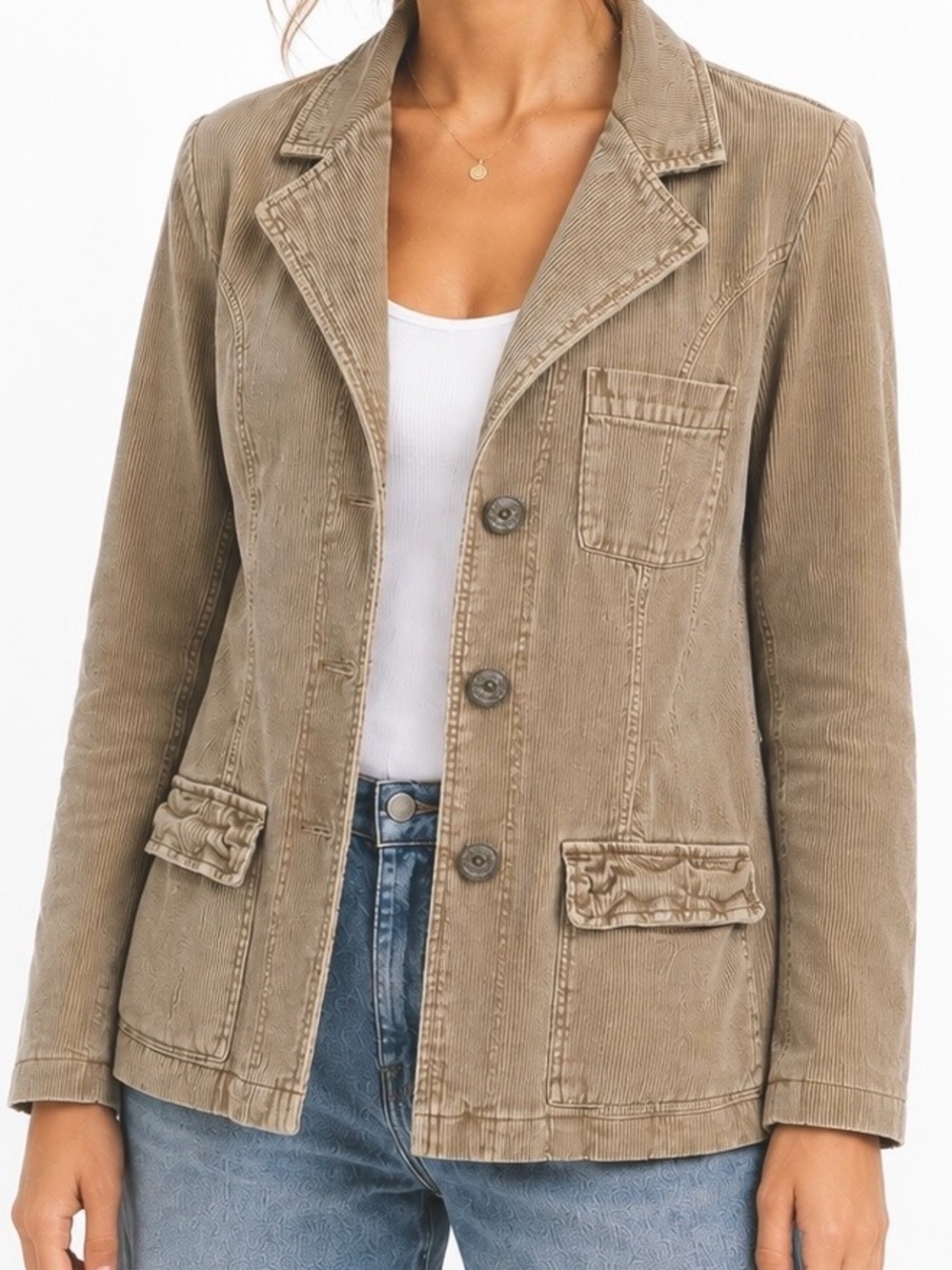 Vintage 80s Z Cavaricci Taupe Corduroy Blazer Jacket Metal Buttons Women’s L